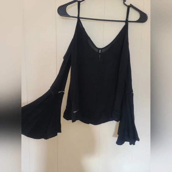 American Eagle Black Blue Floral Embroidery Cold Shoulder Blouse Top - Picture 5 of 6